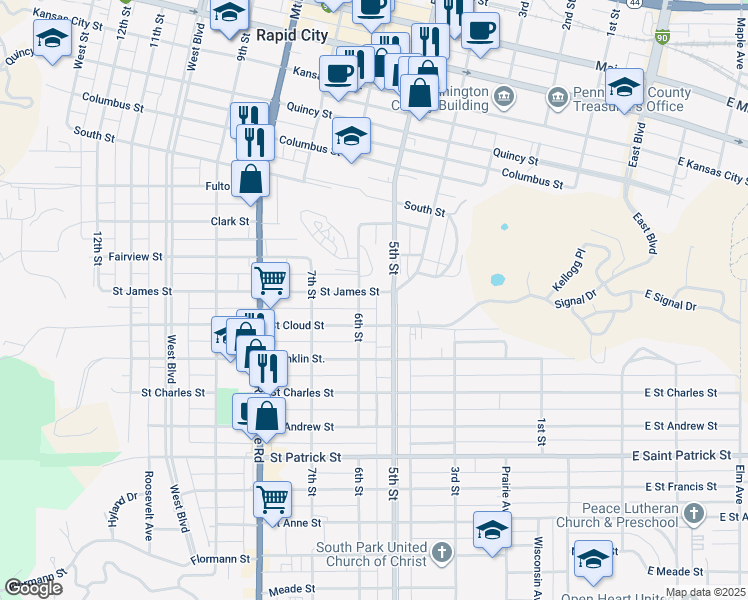 map of restaurants, bars, coffee shops, grocery stores, and more near 1319 5th Street in Rapid City