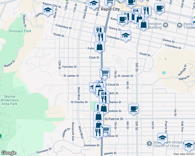 map of restaurants, bars, coffee shops, grocery stores, and more near 816 1/2 Saint James Street in Rapid City