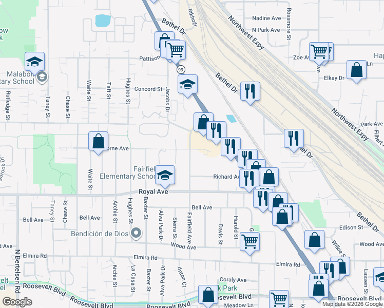 map of restaurants, bars, coffee shops, grocery stores, and more near 1071 Fairfield Avenue in Eugene