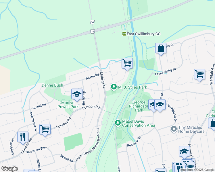 map of restaurants, bars, coffee shops, grocery stores, and more near in Newmarket