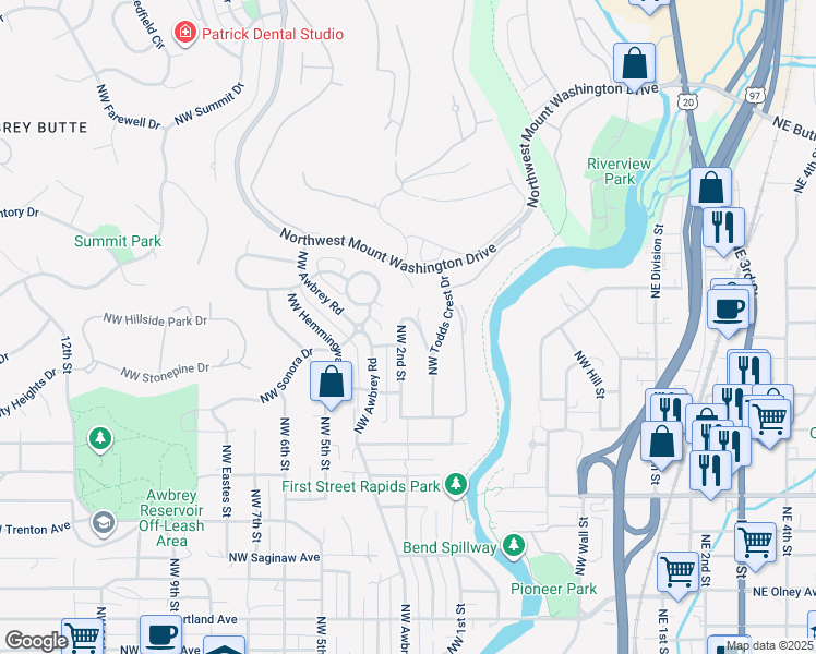 map of restaurants, bars, coffee shops, grocery stores, and more near 2470 Northwest 2nd Street in Bend