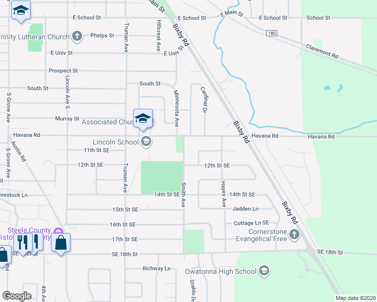 map of restaurants, bars, coffee shops, grocery stores, and more near 1005 Havana Road in Owatonna
