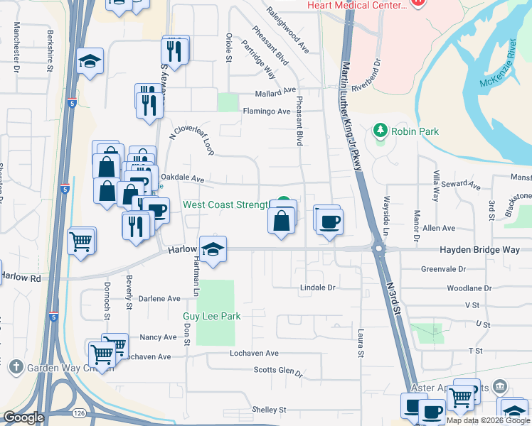 map of restaurants, bars, coffee shops, grocery stores, and more near 2701 South Cloverleaf Loop in Springfield