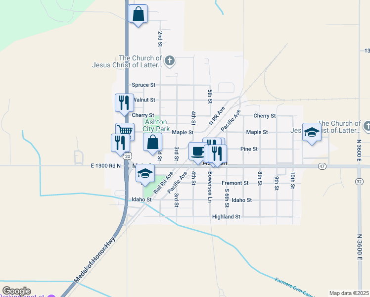 map of restaurants, bars, coffee shops, grocery stores, and more near 4th Street in Ashton