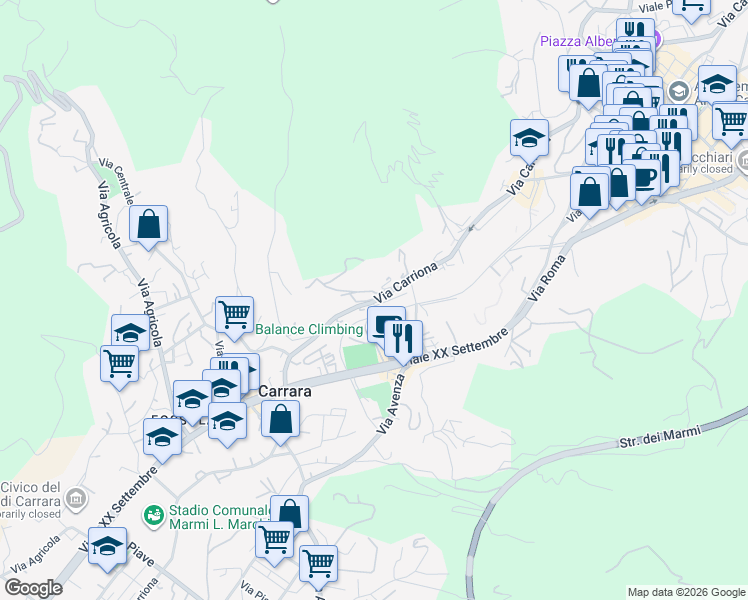 map of restaurants, bars, coffee shops, grocery stores, and more near 119 Via Carriona in Carrara