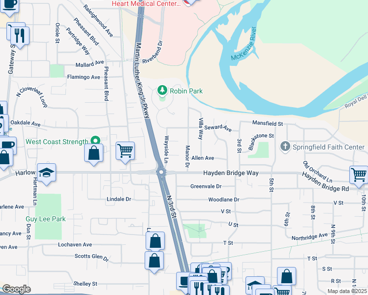 map of restaurants, bars, coffee shops, grocery stores, and more near 2738 Manor Drive in Springfield