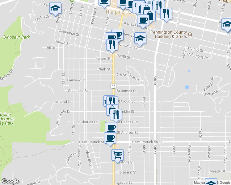 map of restaurants, bars, coffee shops, grocery stores, and more near 1404 Mount Rushmore Road in Rapid City