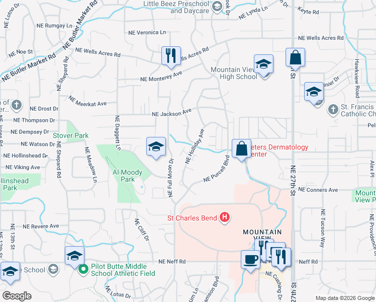 map of restaurants, bars, coffee shops, grocery stores, and more near 2305 Northeast Holliday Avenue in Bend