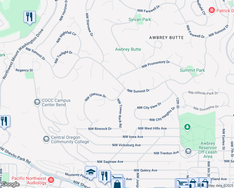 map of restaurants, bars, coffee shops, grocery stores, and more near 1823 Northwest Duniway Court in Bend