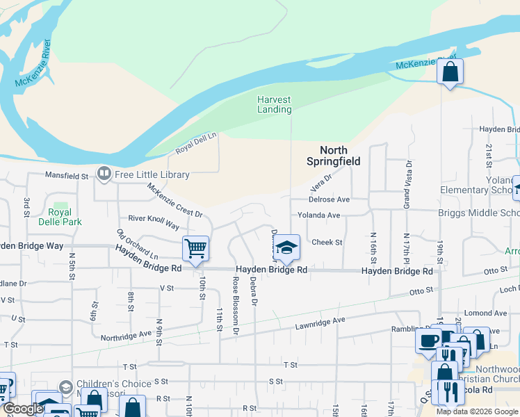 map of restaurants, bars, coffee shops, grocery stores, and more near 1244 Delrose Drive in Springfield