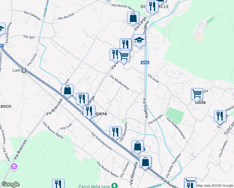 map of restaurants, bars, coffee shops, grocery stores, and more near 102 Via Caffaggiola in Casano