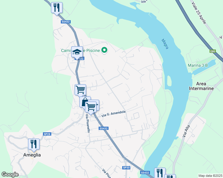 map of restaurants, bars, coffee shops, grocery stores, and more near 13 Via Arena in Ameglia