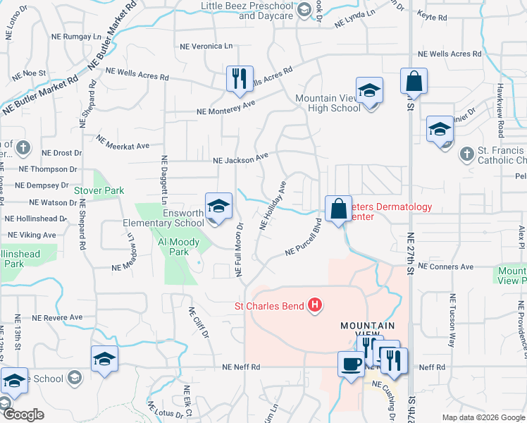 map of restaurants, bars, coffee shops, grocery stores, and more near 2305 Northeast Holliday Avenue in Bend