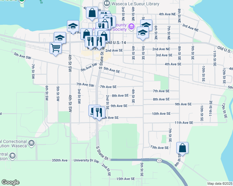 map of restaurants, bars, coffee shops, grocery stores, and more near 216 7th Avenue Southeast in Waseca