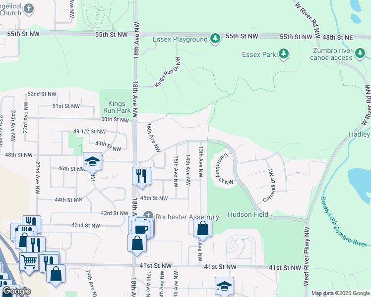 map of restaurants, bars, coffee shops, grocery stores, and more near 4733 14th Avenue Northwest in Rochester