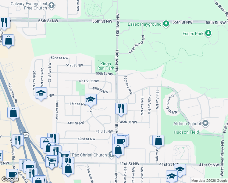 map of restaurants, bars, coffee shops, grocery stores, and more near 4941 16th Avenue Northwest in Rochester