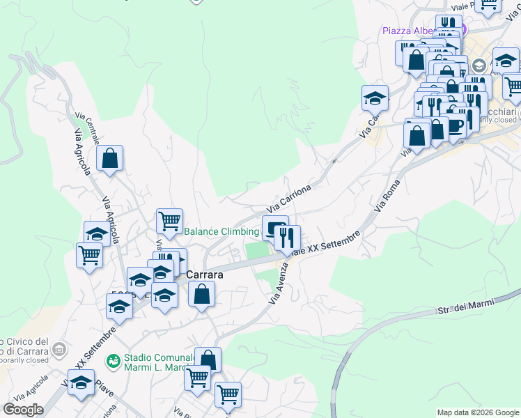 map of restaurants, bars, coffee shops, grocery stores, and more near 119 Via Carriona in Carrara