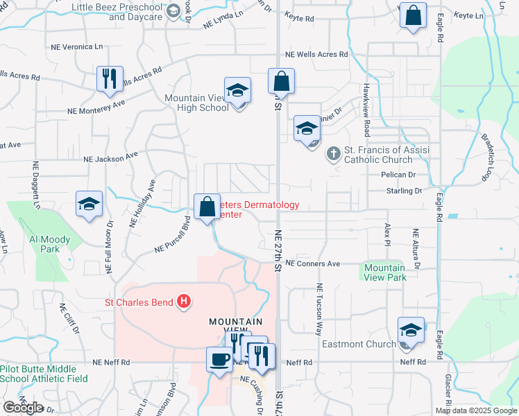 map of restaurants, bars, coffee shops, grocery stores, and more near 2650 Northeast Courtney Drive in Bend