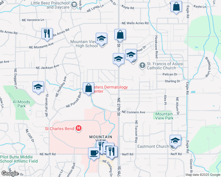 map of restaurants, bars, coffee shops, grocery stores, and more near 2650 Northeast Courtney Drive in Bend