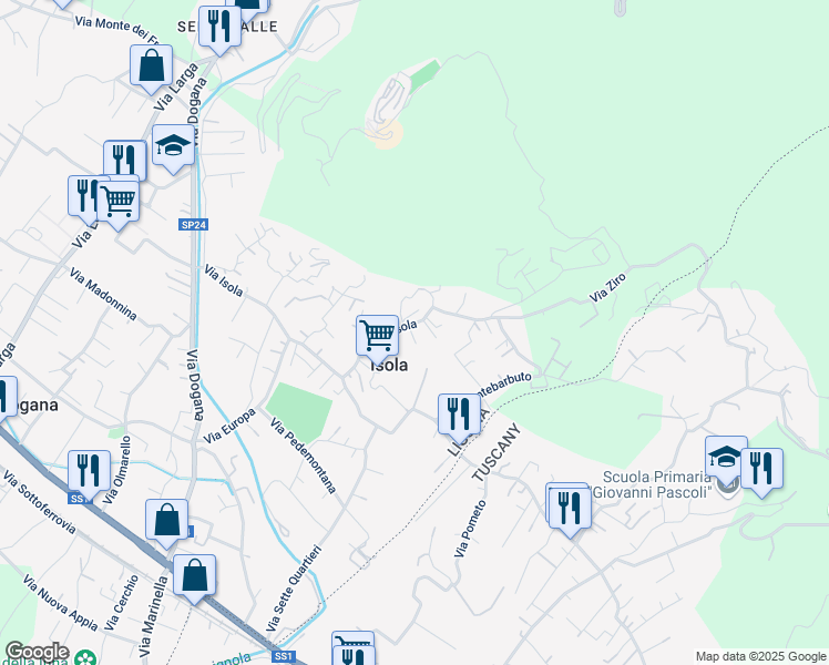map of restaurants, bars, coffee shops, grocery stores, and more near 78-86 Via Isola in Casano