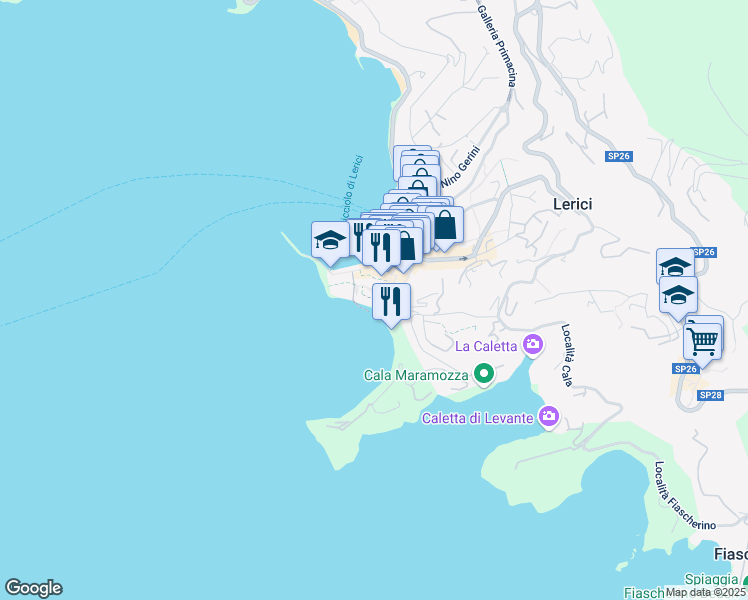 map of restaurants, bars, coffee shops, grocery stores, and more near 16 Piazzetta Poggio in Lerici
