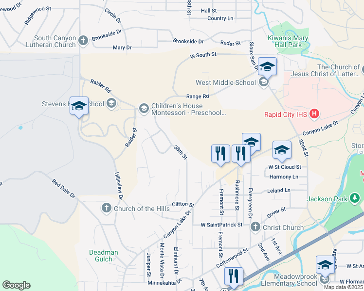 map of restaurants, bars, coffee shops, grocery stores, and more near 1308 38th Street in Rapid City