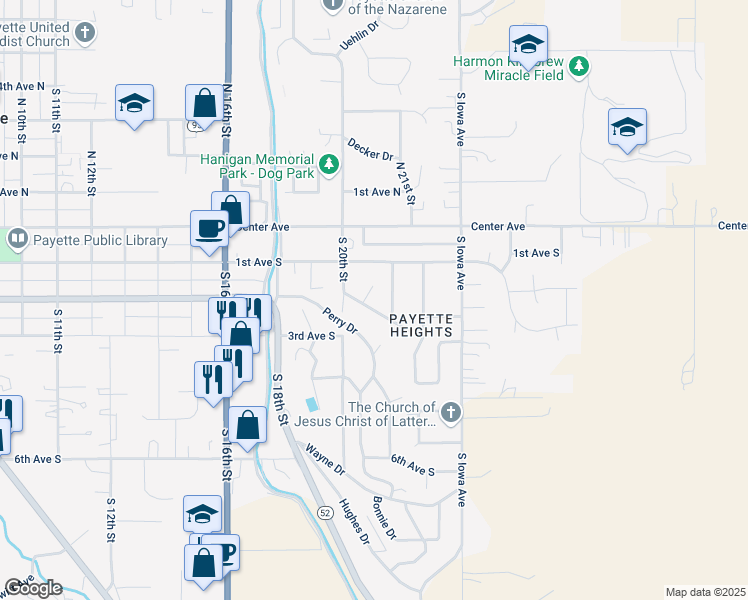 map of restaurants, bars, coffee shops, grocery stores, and more near 2031 Debord Drive in Payette