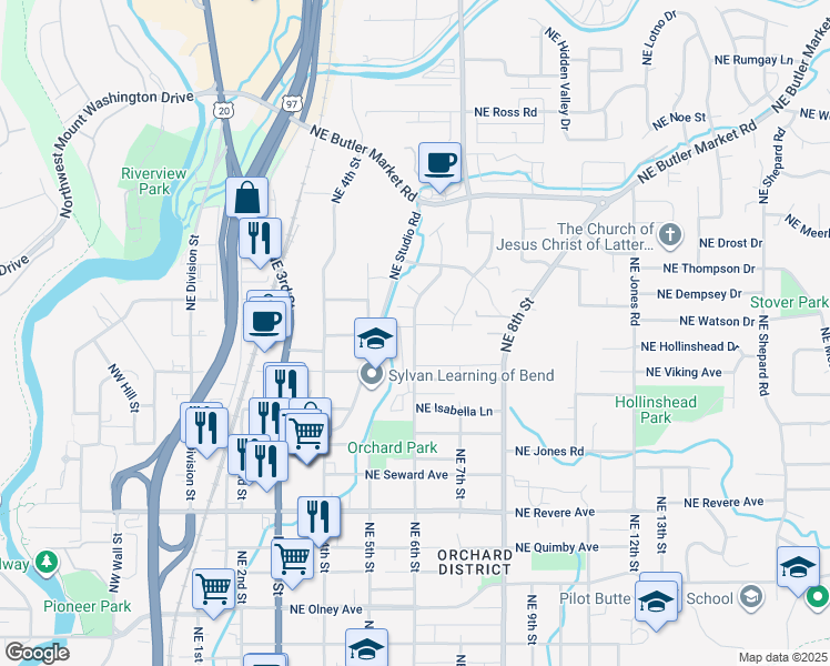 map of restaurants, bars, coffee shops, grocery stores, and more near 585 Northeast Stalker Court in Bend
