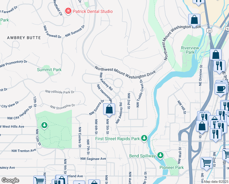 map of restaurants, bars, coffee shops, grocery stores, and more near 2514 Northwest Awbrey Road in Bend