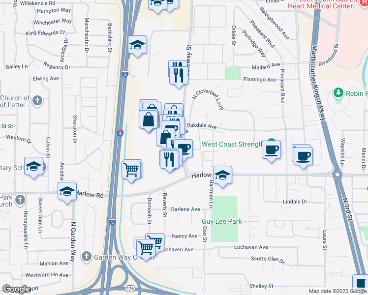 map of restaurants, bars, coffee shops, grocery stores, and more near 2727 Gateway Street in Springfield