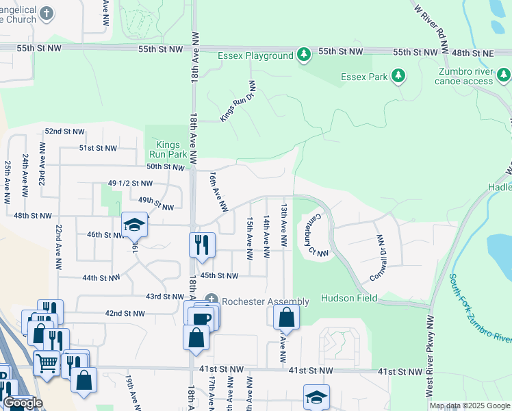 map of restaurants, bars, coffee shops, grocery stores, and more near 1509 48th Street Northwest in Rochester