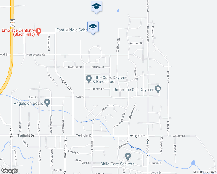 map of restaurants, bars, coffee shops, grocery stores, and more near 5058 Hansen Lane in Rapid City