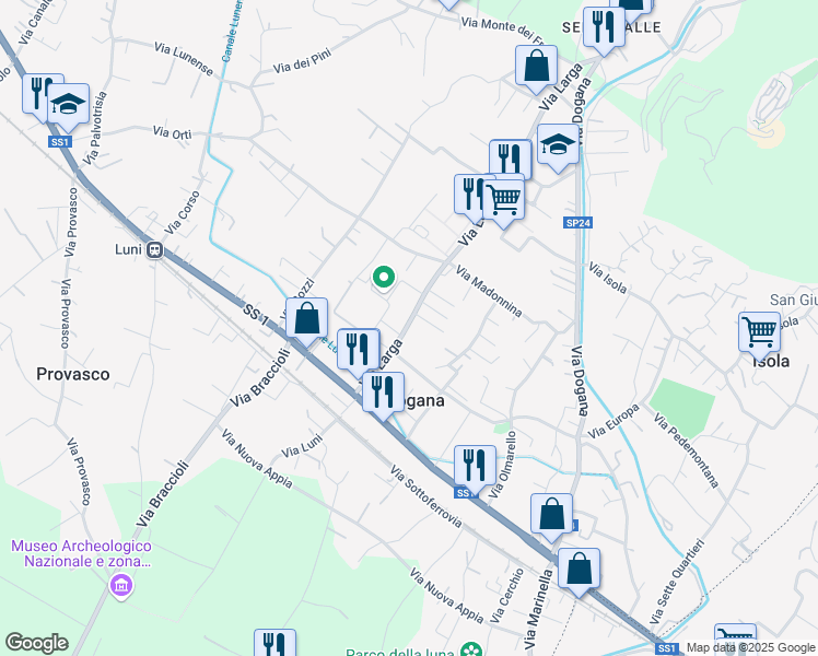 map of restaurants, bars, coffee shops, grocery stores, and more near 24 Via Larga in Casano