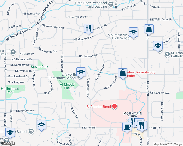 map of restaurants, bars, coffee shops, grocery stores, and more near 2022 Northeast Neil Way in Bend