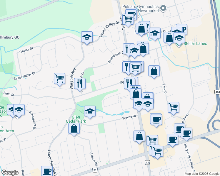 map of restaurants, bars, coffee shops, grocery stores, and more near 1000 Elgin Street in Newmarket