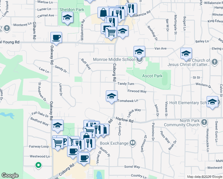 map of restaurants, bars, coffee shops, grocery stores, and more near 950 Coburg Road in Eugene