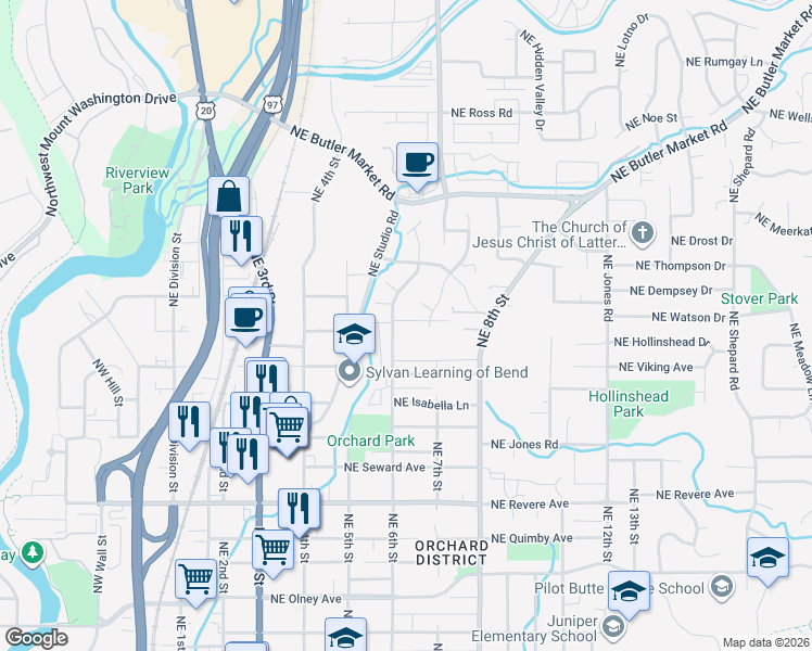 map of restaurants, bars, coffee shops, grocery stores, and more near 2405 Northeast Burks Court in Bend