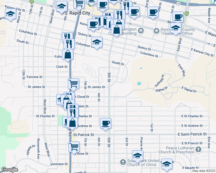 map of restaurants, bars, coffee shops, grocery stores, and more near 1319 5th Street in Rapid City