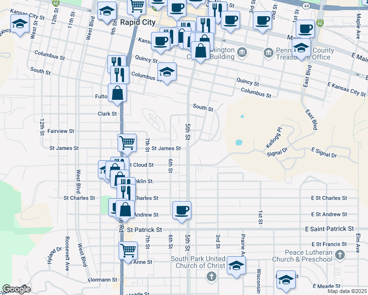 map of restaurants, bars, coffee shops, grocery stores, and more near 1319 5th Street in Rapid City