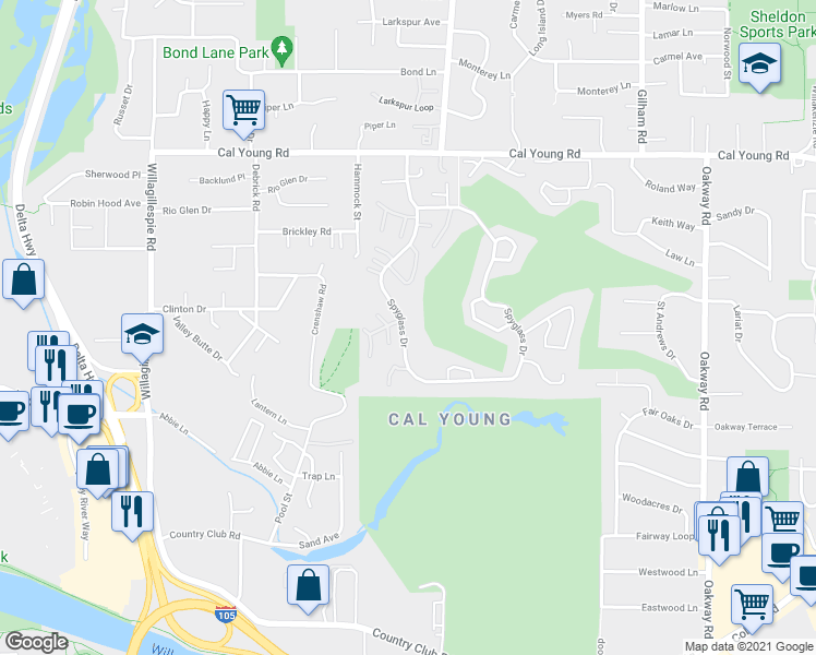 map of restaurants, bars, coffee shops, grocery stores, and more near 504 Spyglass Drive in Eugene