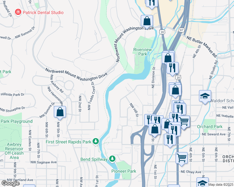 map of restaurants, bars, coffee shops, grocery stores, and more near 2225 Northwest Lakeside Place in Bend