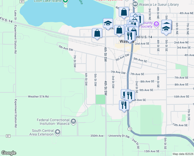 map of restaurants, bars, coffee shops, grocery stores, and more near 413 7th Avenue Southwest in Waseca