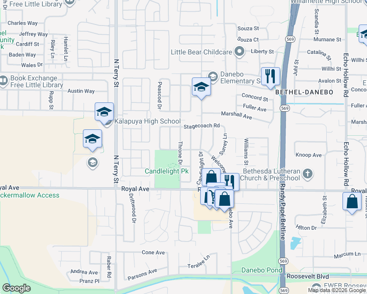 map of restaurants, bars, coffee shops, grocery stores, and more near 1044 Throne Drive in Eugene