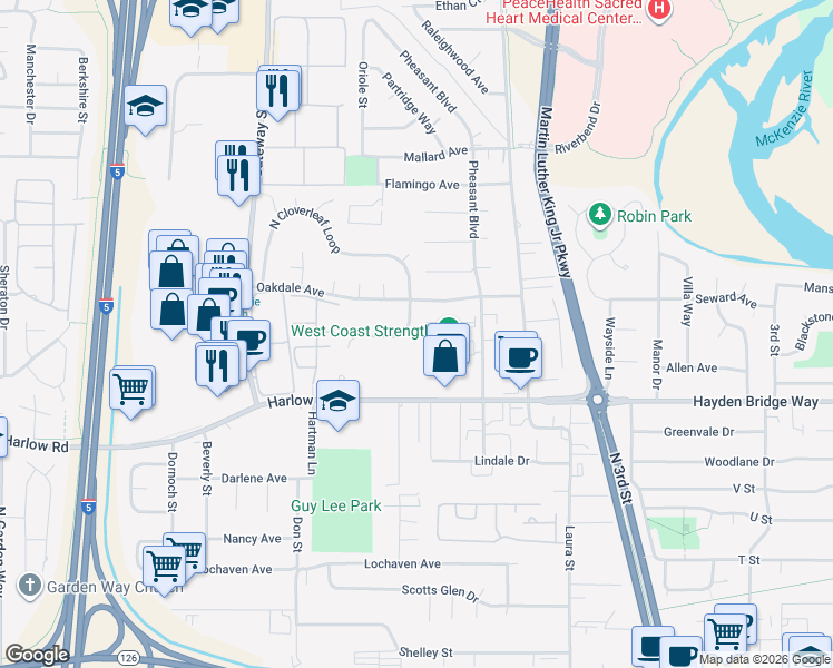 map of restaurants, bars, coffee shops, grocery stores, and more near 2703 South Cloverleaf Loop in Springfield