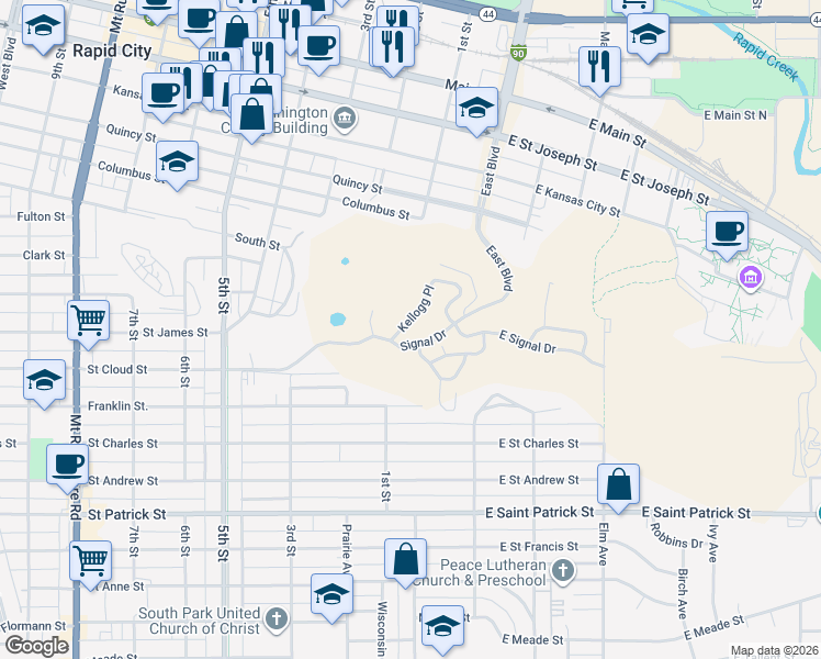 map of restaurants, bars, coffee shops, grocery stores, and more near 1580 Kellogg Place in Rapid City