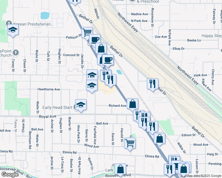 map of restaurants, bars, coffee shops, grocery stores, and more near 1136 State Highway 99 North in Eugene