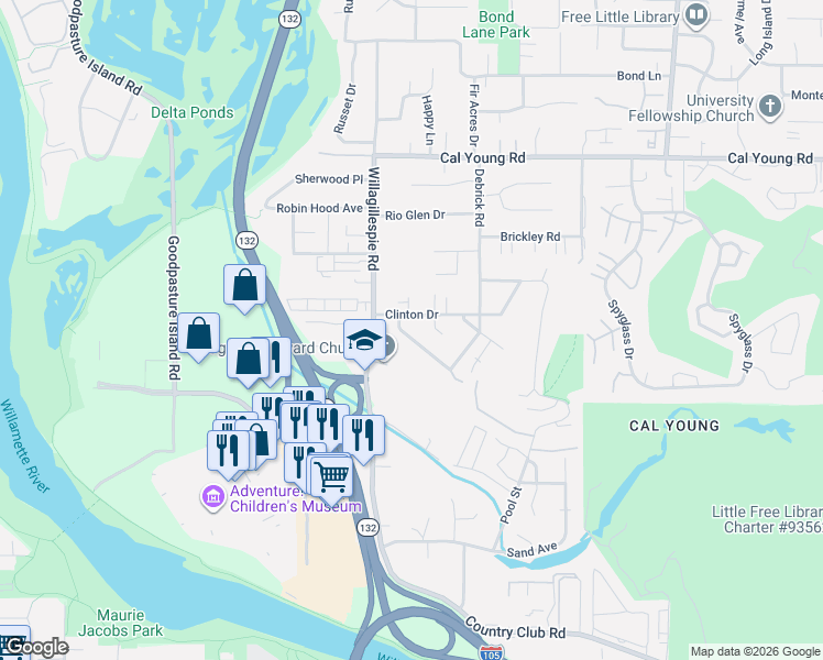 map of restaurants, bars, coffee shops, grocery stores, and more near 1171 Valley Butte Drive in Eugene