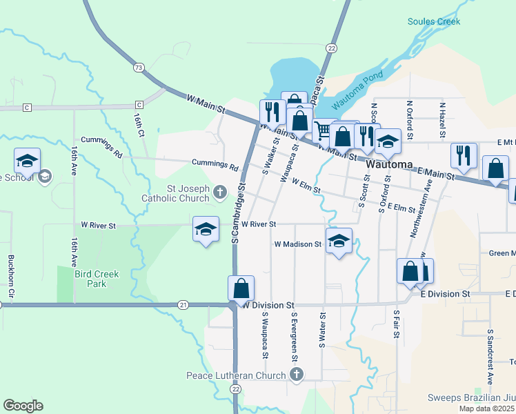 map of restaurants, bars, coffee shops, grocery stores, and more near 344 South Walker Street in Wautoma