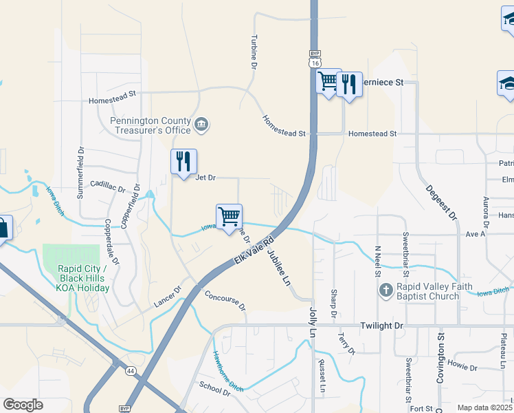 map of restaurants, bars, coffee shops, grocery stores, and more near 1400 Turbine Drive in Rapid City