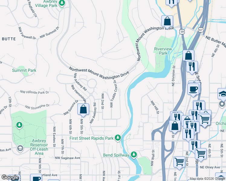 map of restaurants, bars, coffee shops, grocery stores, and more near 2491 Northwest Todds Crest Drive in Bend